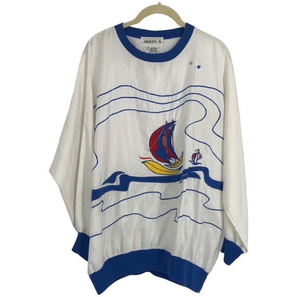 Adolfo 2 vintage white & blue nautical banana boat retro 90s longsleeve shirt S